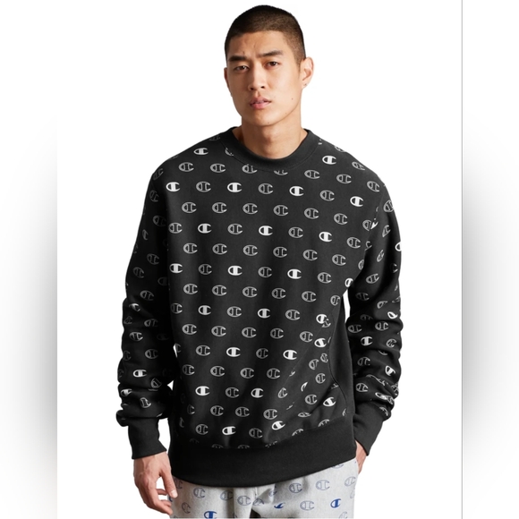 Champion Sweatshirt Men's Size Medium Crew Black White All Over Logo - Picture 2 of 8